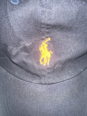 Polo Ralph Lauren VTG Leather Strapback Hat Navy Blue Orange Pony