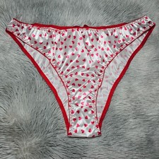 Glossy Satin Panty Sissy Red Heart Print Bikini White Brief Sz. 9-10 Hip 46-49"