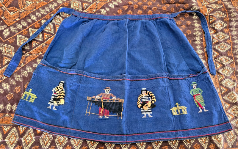 GUATEMALA, VINTAGE 1979 APRON - HANDWOVEN DESIGN, MARIMBA MUSICIAN, BLUE COTTON
