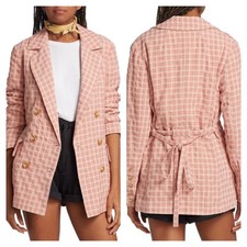 Free People Olivia Pink Gingham Double Breasted Blazer Jacket Women's Size Small
