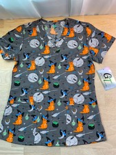 New Women's GT Performance Scrub Top Halloween Theme-Cat with Witches Hat etc.
