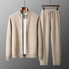 Men 100 Wool Sweater Zipper Cardigan Coat  Buttoned Trousers Set Warm Fashion