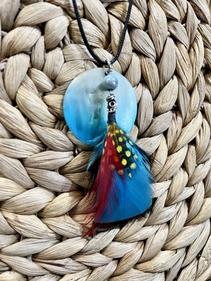Artisan Crafted Blue Mother of Pearl Bird Feather Pendant Necklace Cowgirl