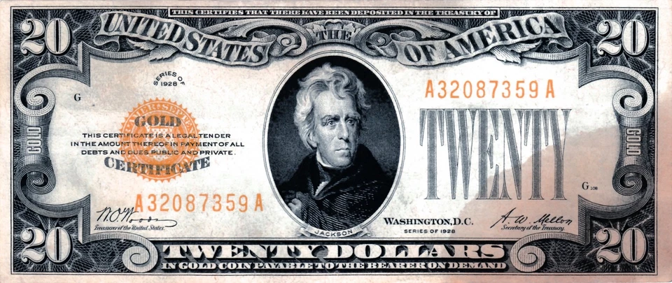 Fr, 2402 - 1928 UNCIRCULATED $20 GOLD CERTIFICATE - SERIAL # MISALIGNMENT ERROR - Image 3 of 4