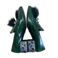 Prada Women's Studded Tassel  Heel Loafers Leather Emerald Green 38 EU 8 US
