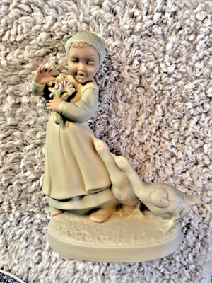 Vintage Decorative Ceramic girl with flowers geese figurine pastel colors matte