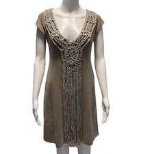 Boston Proper Taupe Knit Dress Macrame Fringe Boho Chic Cap Sleeve Size S