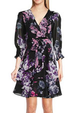 Taylor Women's Faux Wrap Chiffon Mini Dress 3/4 Sleeve Belted Lined Sz 2 Floral