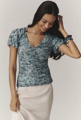 Anthropologie Women s XL Blue Floral V-Neck Ruched Knit Pullover Blouse