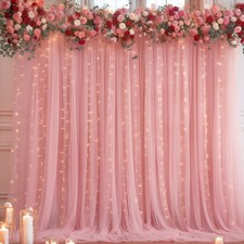 10x10ft Dusty Rose Tulle Backdrop Curtain with LED String Lights Party Drapes