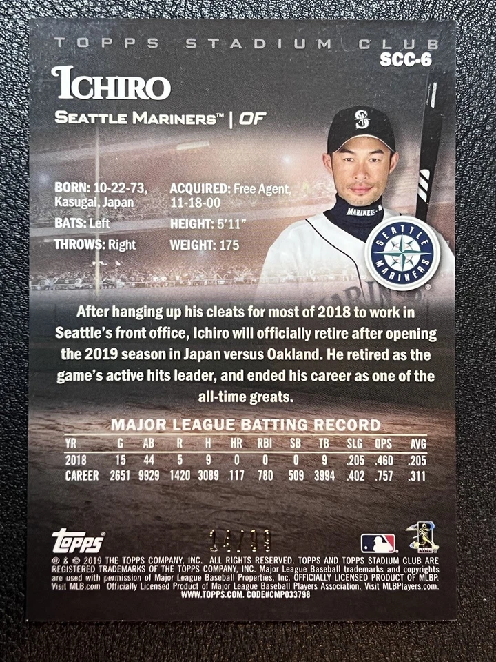 Ichiro 2019 Stadium Club Chrome/99 Orange Refractor Mariners HoF Japón Foto 4 de 4