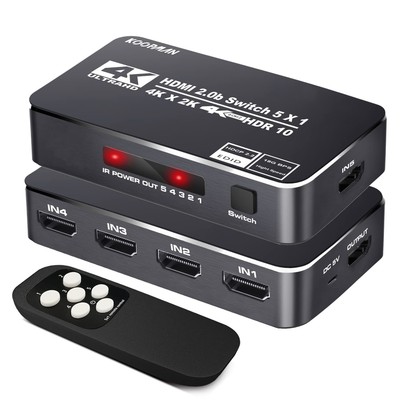 4K HDR HDMI Switch, Koopman 5 Ports 4K 60Hz HDMI 2.0 Switcher Selector with I...