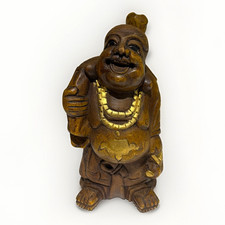 Vintage Hand Carved Traveling Happy Buddha Figurine Statue Wooden Laughing 11.5"