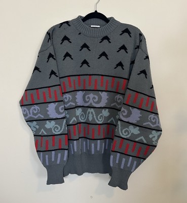 Vintage Bogner Geometric Gray Wool Sweater Men s Large 