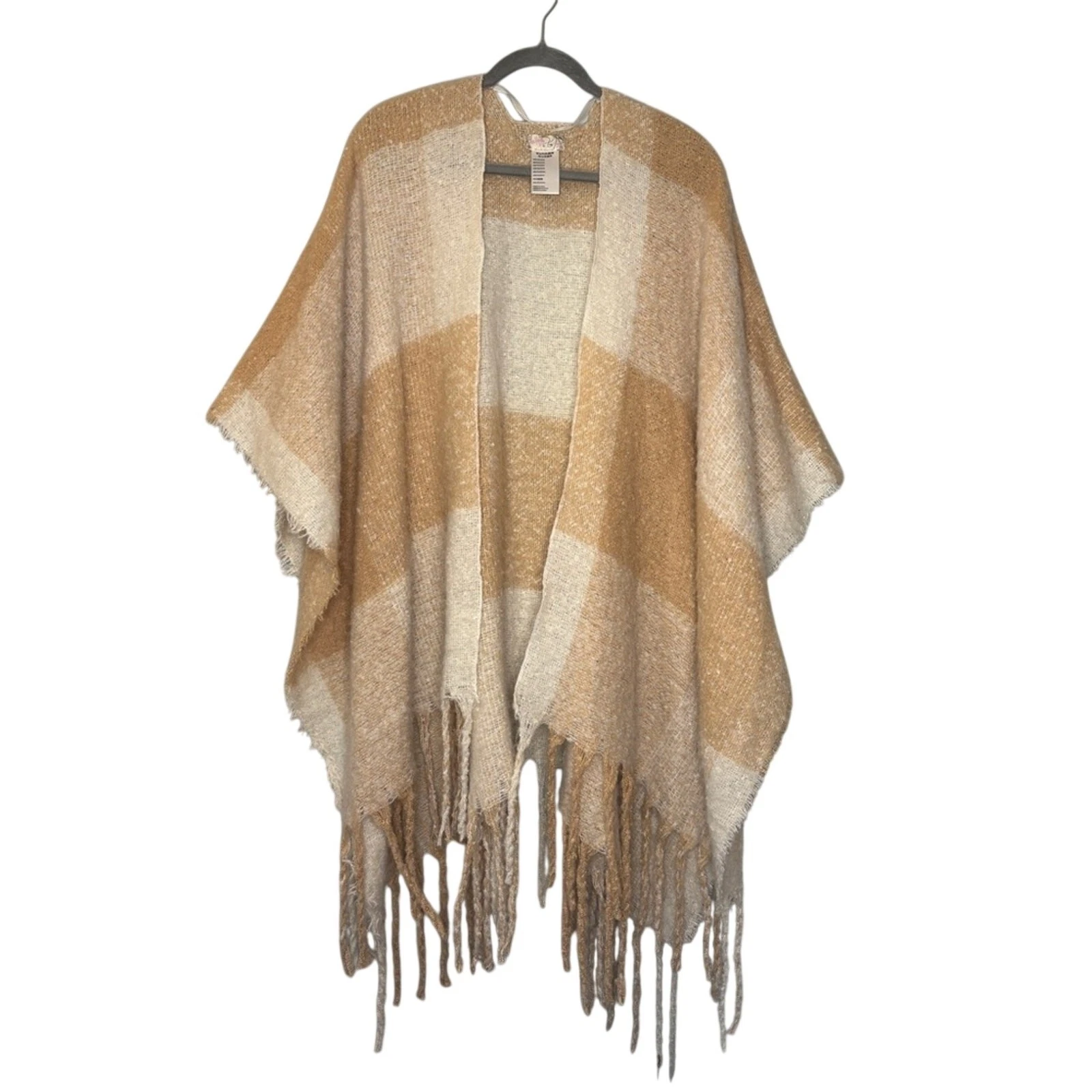 Free People Hampton Plaid Open Front Fringe Trim Sweater Poncho OS