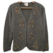 VTG Apart Cardigan Sweater Womens M Gray Wool Angora Knit Beads Rhinestones 90s