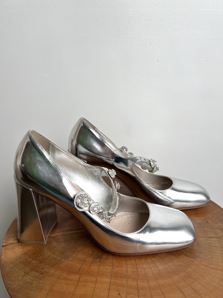 MIU MIU Silver Patent Crystal Strap Chunky High Block Heel Mary