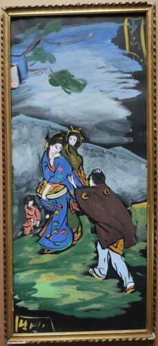 Beautiful Japanese Signed Geisha Black Cardboard Tempera 70x30cm-