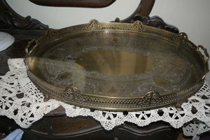 Handcrafted Huge Solid Brass Footed Tray With Pierced Gallery