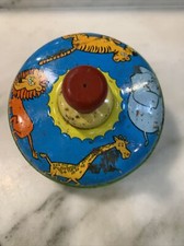 Vintage Ohio Art Colorful Tin Spinning Top With Wood Handle Zoo Animals