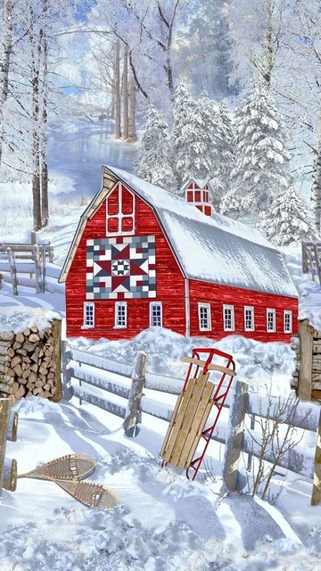 1 Panel Winter Barn Scenic Timeless Treasures Red Barn Sled Snow