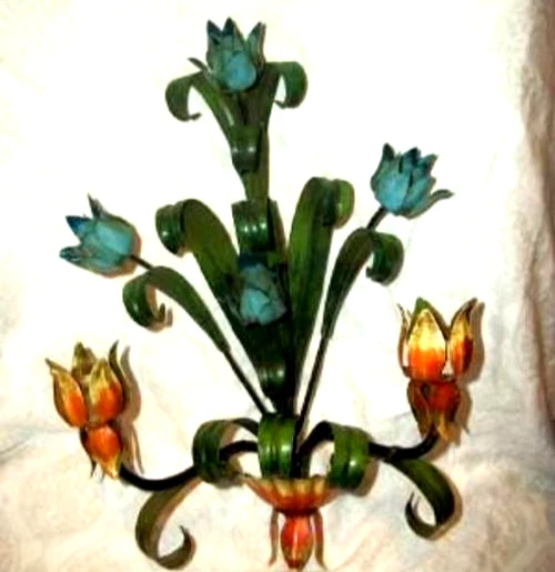 Arandelas Hollywood Regency Italian Tole ousado aqua laranja flores azuis 1960 - Imagem 2 de 4