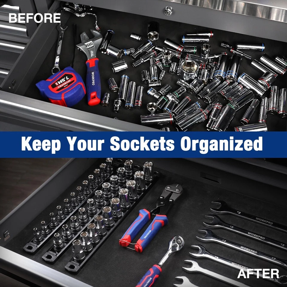 WORKPRO Magnetic Socket Organizer 3/8" Drive Aluminum Alloy Socket Rail 10 Clips - Image 2 of 4