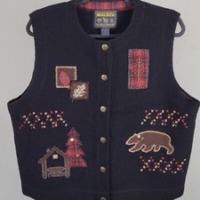 Woolrich Black Vest with Bear and Cabin Design, 100 Wool, Women's Size M