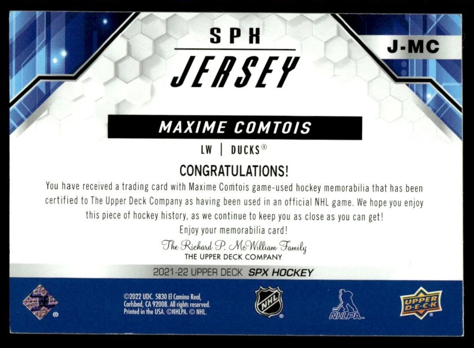2021-22 SPx Jerseys Maxime Comtois Anaheim Ducks #J-MC - Image 2 of 2