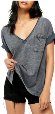 Free People Want You Side Slit Pocket T-shirt In Dusted Denim XS NEW Relaxed #C