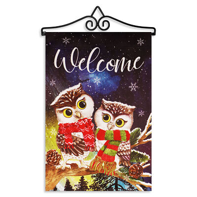 Hanger 14IN & Garden Flag Welcome Cozy Owls with Scarves Printed DS Blockout