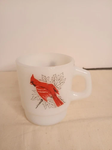 Vintage Fire King white glass mug anchor hocking Cardinal Baltimore Oriole Bird