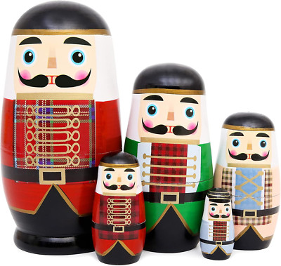 5pcs Handmade Nutcracker Wooden Nesting Dolls Matryoshka Traditional