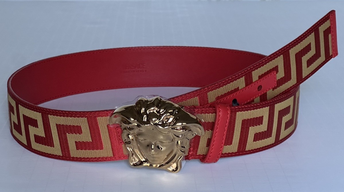 (男女兼用) 90/36 VERSACE ゴールド レザー ベルト Versace Medusa-Buckle Greca Calf Leather Red/Gold Belt 90