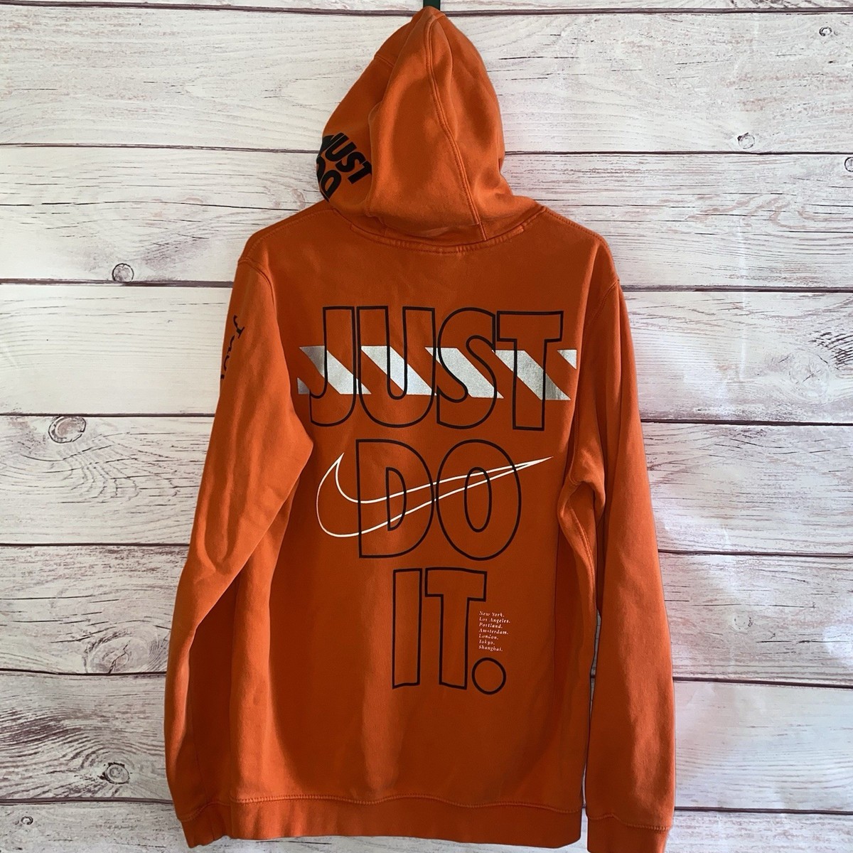 Nike Just Do It Hoodie Mens Large Orange Pullover Swoosh Graphic