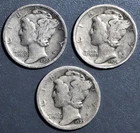1923-1925 10C MERCURY SILVER DIME Lot of 3 KM# 140 Grade: VG & Better A7112