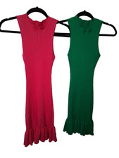 Shein Women Rib Mini Dresses Thrill Bottom Sleevless Form Fitting-Green & Pink-S