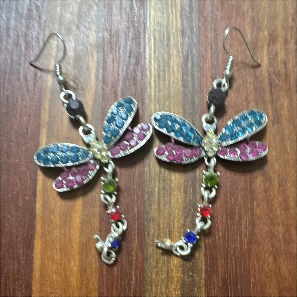 Dragonfly Multicolor Crystal Rhinestone Dangle/Drop Prong Hook Lobe Earrings - Image 1 of 1
