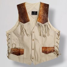 Vintage Leather Fringe Vest Snakeskin Western Cowboy Cream Brown Lace Up M