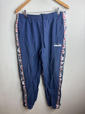 VTG Diadora Track Pants Mens M Blue Warm Up Mesh Lined Side Tape Logo Athletic