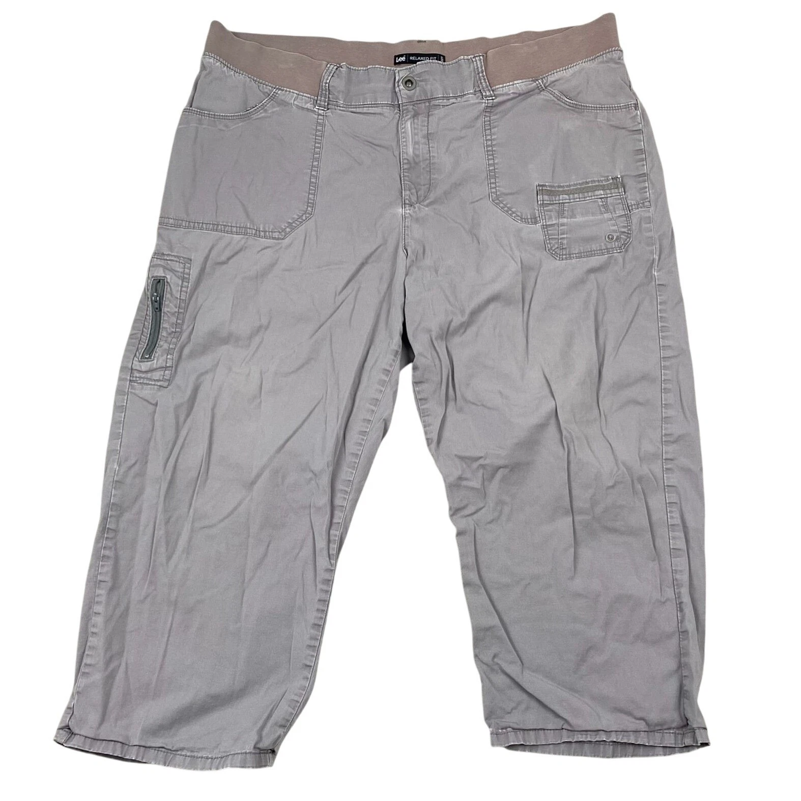 Lee Women's Capri Pants 38 Gray 100% Cotton Elastic Cargo Casual Relaxed Fit