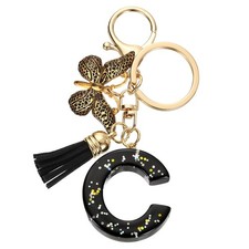 Initial Letter Keychains, Resin Cute Pendant with Butterfly  Tassel, Black-C