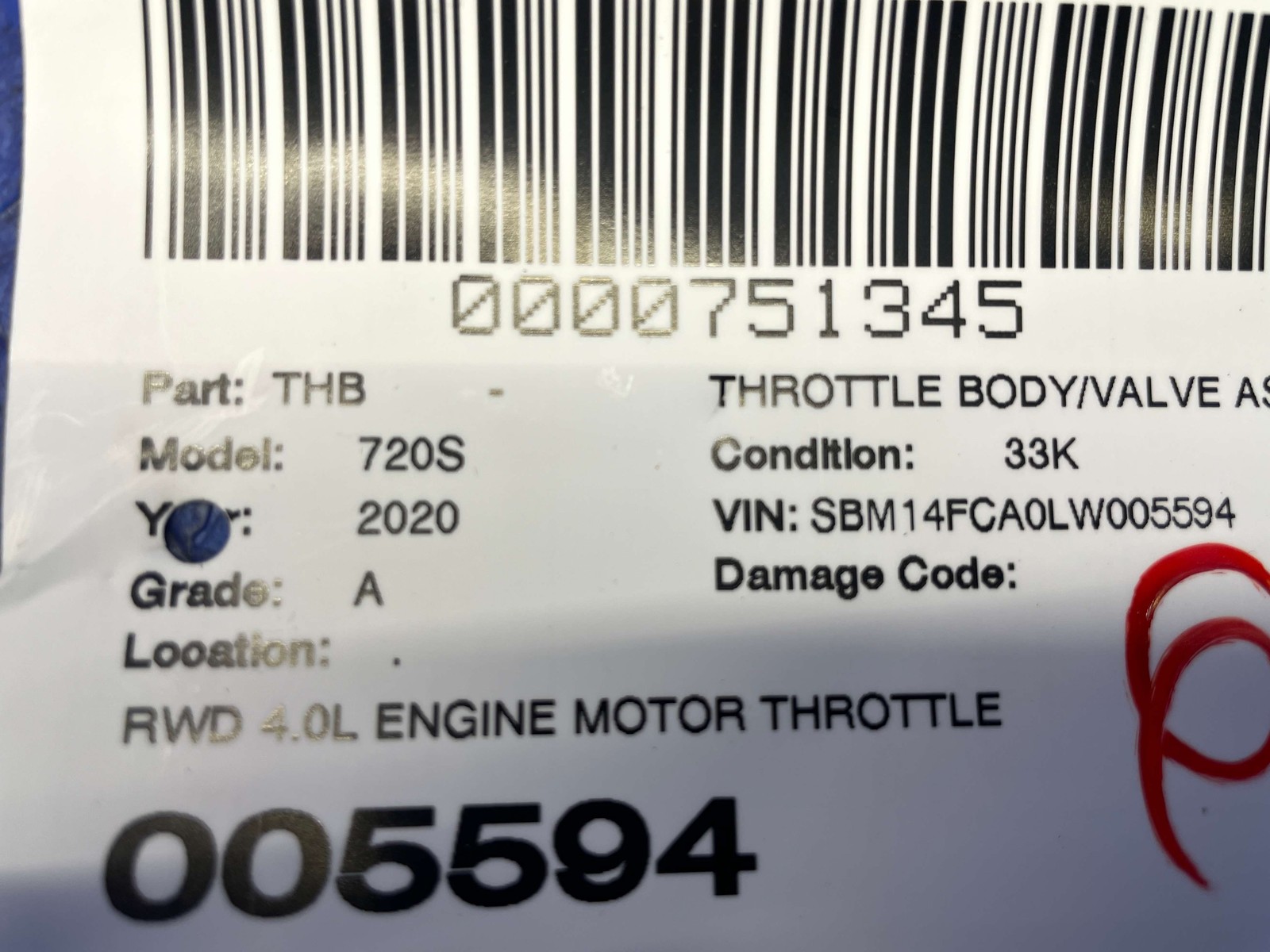 2018-2023 MCLAREN 720S RWD 4.0L ENGINE MOTOR THROTTLE BODY AIR VALVE 90475682