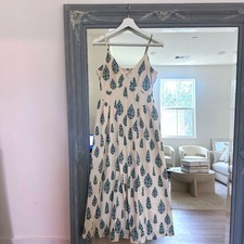 Japna Cotton Cream Floral Print Smocked Pleated Midi Dress Sundress Milkmaid M