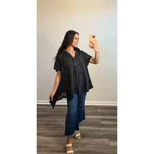 We The Free Hooded Poncho in Black Large Short Sleeve Button Front Crochet