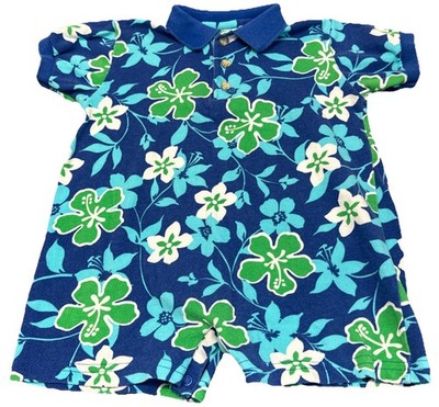 VTG Heartstrings Baby Romper Polo Shortall Hawaiian Floral Blue Green USA 24M
