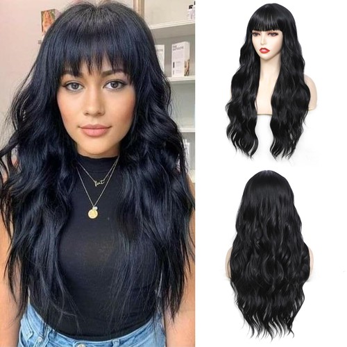 Black Wig With Bangs Long Wavy Wigs for Women 26 Inch Curly Wavy Wig With Ban...