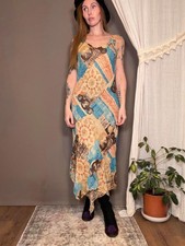 Vintage Y2K Summer Dress Patchwork Print Asymmetric hem spaghetti Straps Size 14