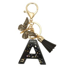 Initial Letter Keychain Cute Butterfly Keychain with Tassel Letter A Black