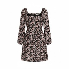 MNG Mango Floral Square Neck Puff Sleeve Mini Dress Women 8 Black Pink Floral